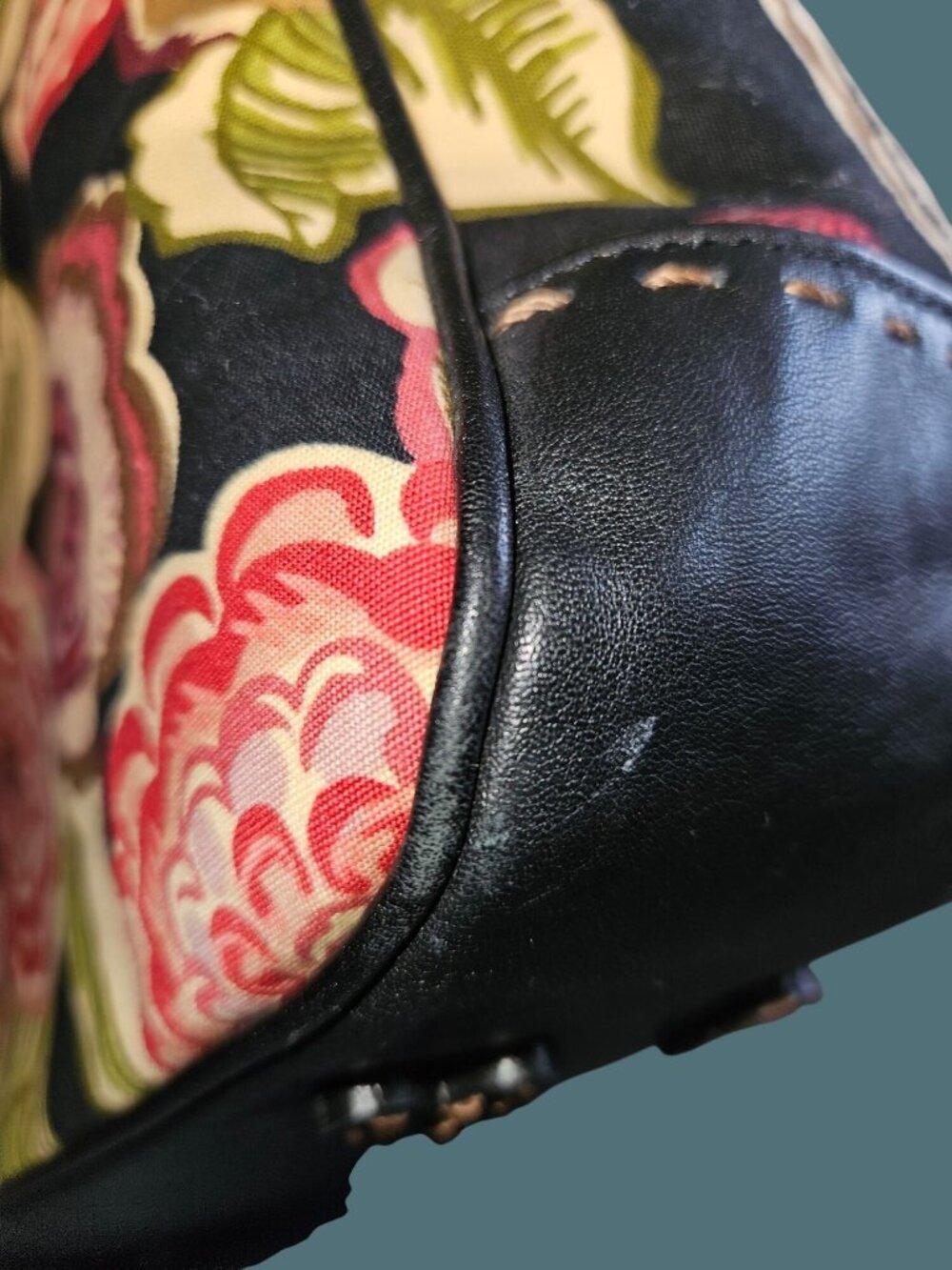 Brighton Canvas/Leather Colorful Floral Boho Hobo Stitched Tote Shoulder Bag - Picture 13 of 16